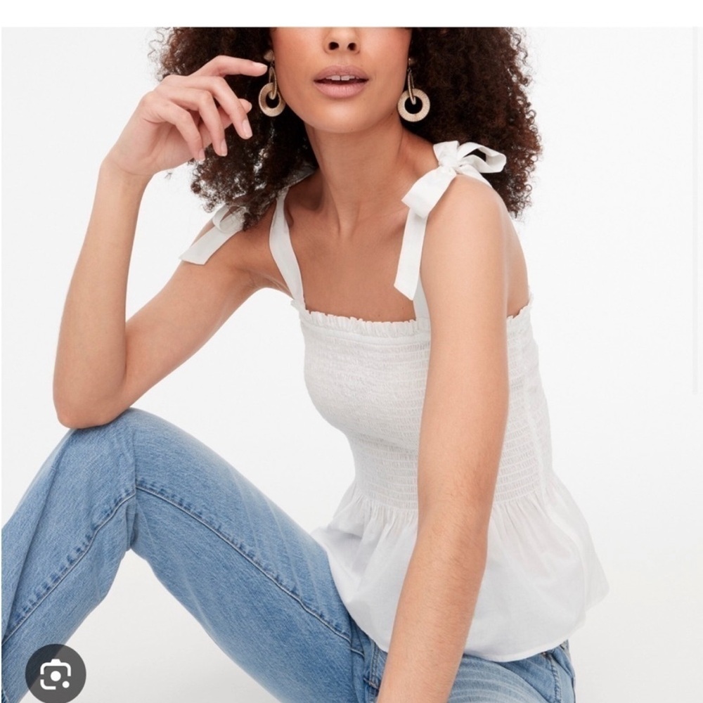 J. Crew White Smocked Tank Top with Tie Straps